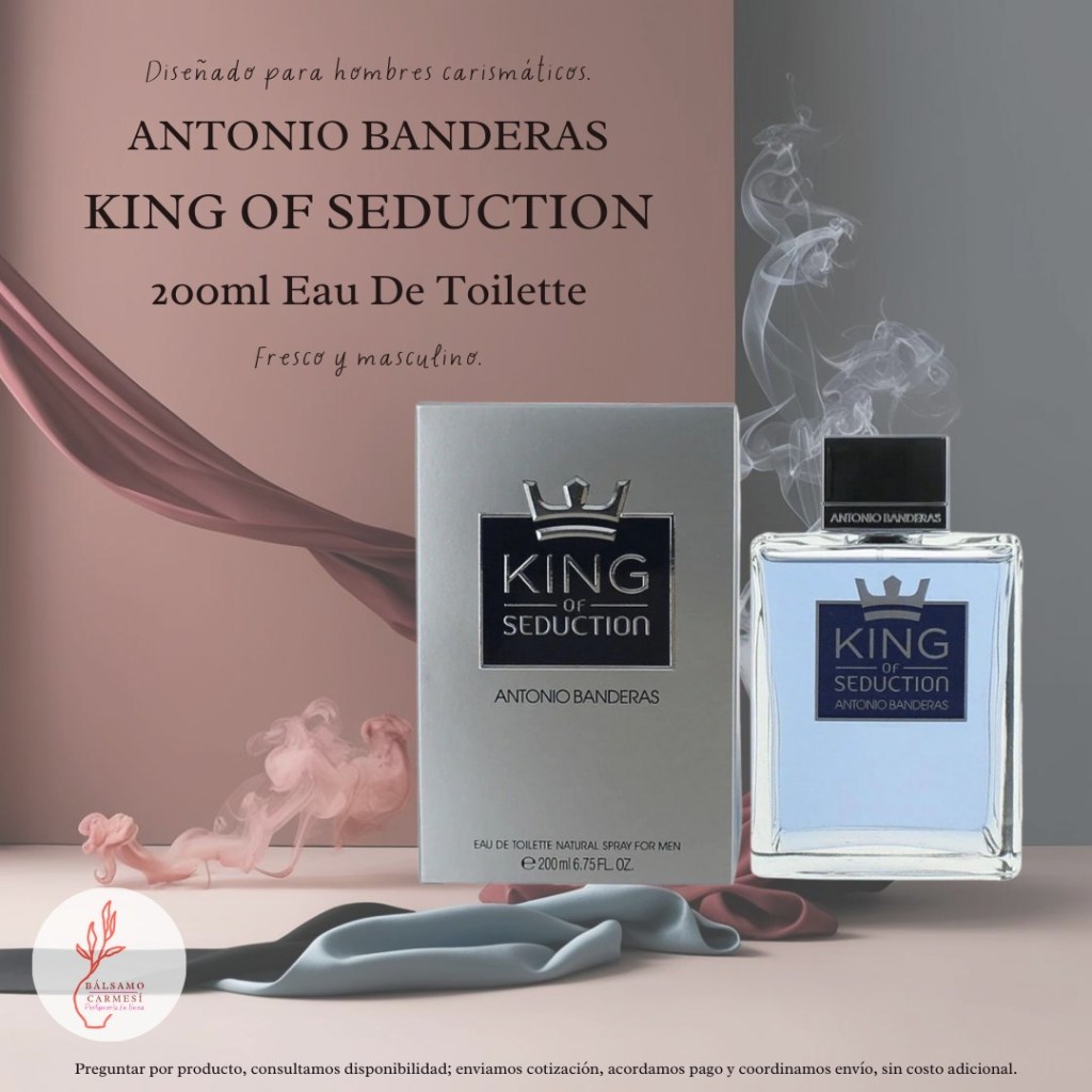 A promotional image for Antonio Banderas' fragrance 'King of Seduction', featuring a 200ml Eau de Toilette bottle next to its box, with a stylish background and decorative fabric elements.